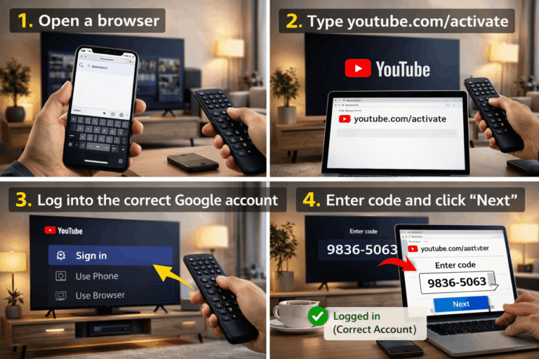 Steps to activate YouTube on TV by opening a browser, visiting youtube.com/activate, signing in, and entering the activation code.