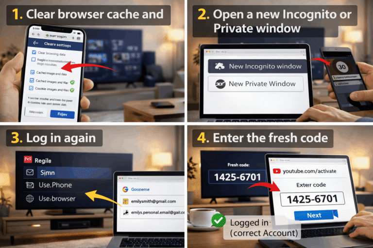 Steps to fix YouTube activation code errors by clearing browser cache, using incognito mode, logging in again, and entering a fresh code.