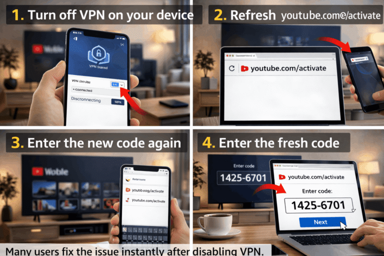 Fix YouTube activation not working by turning off VPN, refreshing youtube.com/activate, and entering a new code.