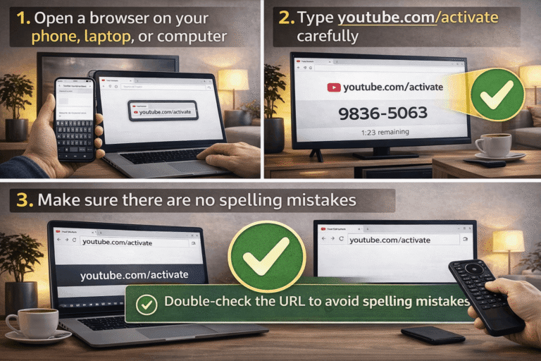 Open a browser and visit youtube.com/activate to enter the YouTube activation code without spelling mistakes.