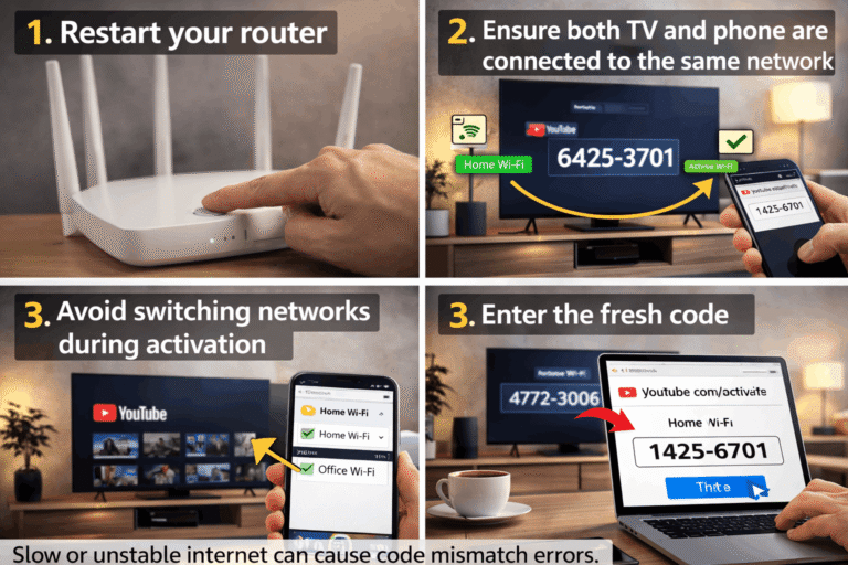 Steps to fix YouTube activation code errors by restarting router and checking Wi-Fi connection on TV and phone.