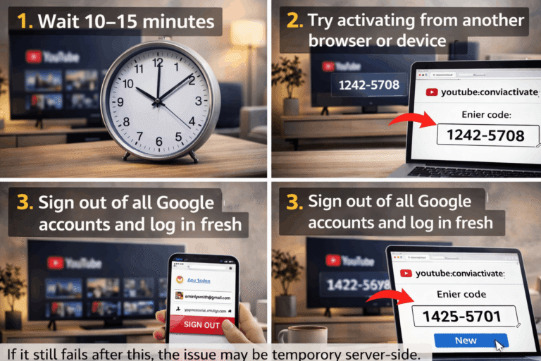 YouTube activation troubleshooting steps shown on TV and laptop screen with login and code entry process.