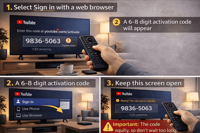 YouTube TV activation screen showing 6–8 digit code with instructions to sign in using a web browser at youtube.com/activate.