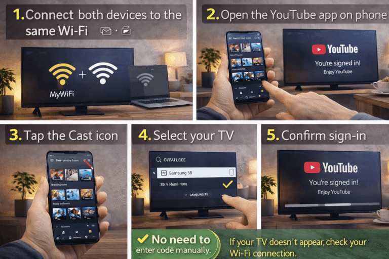 Step-by-step guide to sign in to YouTube on Smart TV by turning it on, opening the app, and selecting Sign In.