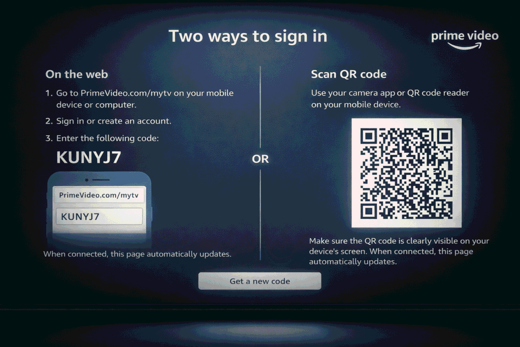 Prime Video Amazon MyTV activation screen showing code entry and QR code sign-in options on Smart TV