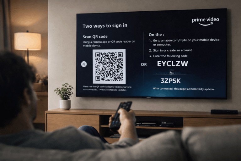 Amazon Prime Video TV activation screen showing QR code and sign-in code for amazon.com/mytv