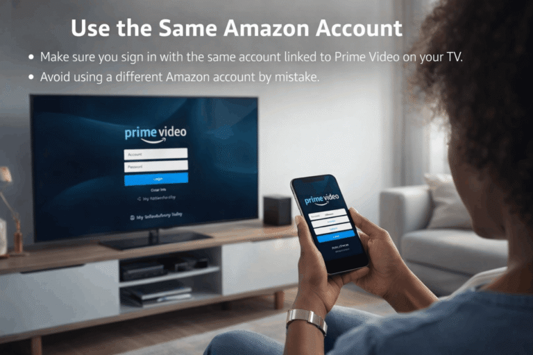 User signing into Amazon Prime Video on smart TV using the same Amazon account from a smartphone