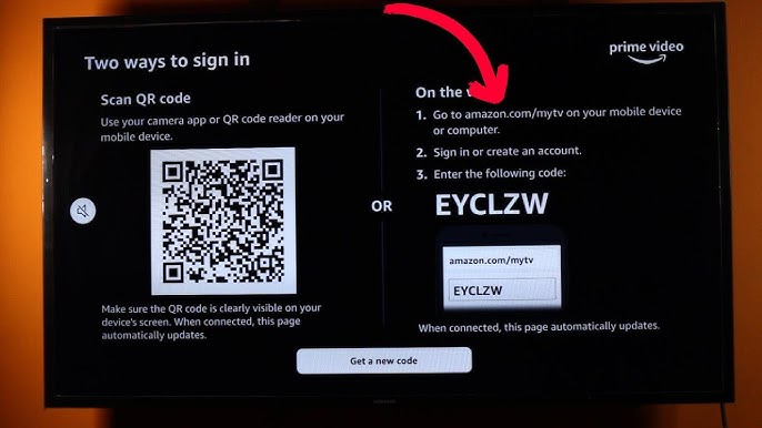 Amazon MyTV activation screen showing QR code and device code on Smart TV for Prime Video sign in