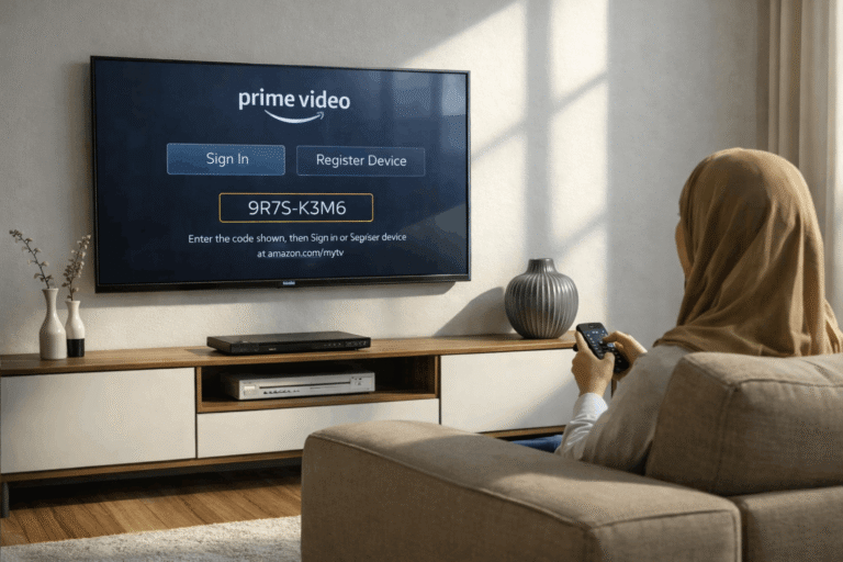 Prime Video sign in or register device screen with activation code on smart TV