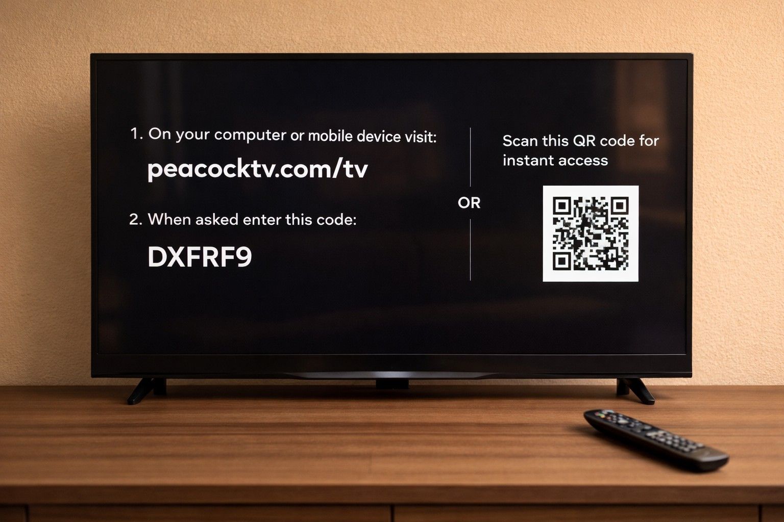 Smart TV displaying Peacock TV activation screen